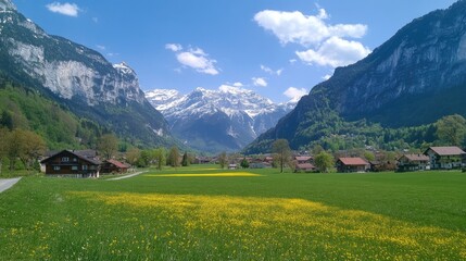 Obraz premium Alpine Village Nestled Amongst Majestic Mountains And Blooming Meadows