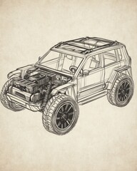 Fototapeta premium Detailed line drawing of an off-road vehicle with visible internal components on a textured beige background.