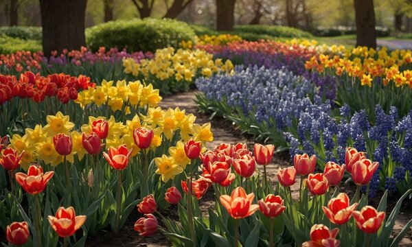 A vibrant floral garden with colorful tulips, daffodils, and hyacinths swaying in the gentle spring breeze. 