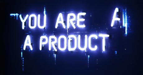 Neon you are product sign flickering in glitchy white on glowing holographic ad deep navy and bright silver symbolizing corporate control of identity