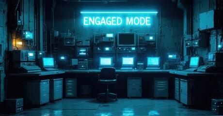 Hightech control room. Numerous monitors display data. Bright neon sign reads Engaged Mode. Dark, industrial setting suggests complex operations. Office chair centered before consoles.