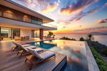 Fototapeta premium Modern luxury villa with private infinity pool overlooking tropical ocean at colorful sunset, contemporary architecture, serene coastal paradise vacation retreat with panoramic sea views