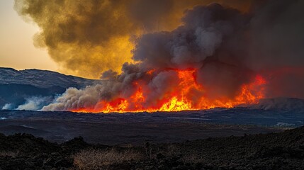 Fototapeta premium Fiery volcanic eruption billowing smoke and ash into the sky