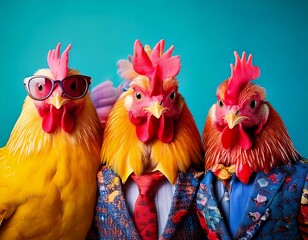 Fototapeta premium Creative animal concept. Group of chicken in funky Wacky wild mismatch colourful outfits on bright background advertisement, copy space. birthday party invite invitation banner