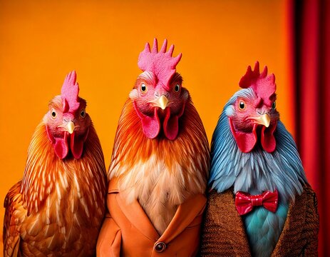 Creative animal concept. Group of chicken in funky Wacky wild mismatch colourful outfits on bright background advertisement, copy space. birthday party invite invitation banner