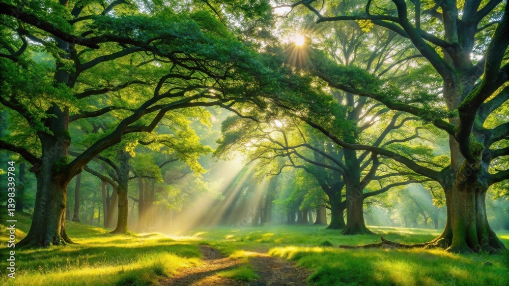 Poster sunbeams illuminating a serene forest path, creating a magical atmosphere of tranquility and natural
