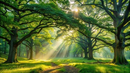 Obraz premium Sunbeams Illuminating a Serene Forest Path, Creating a Magical Atmosphere of Tranquility and Natural Beauty