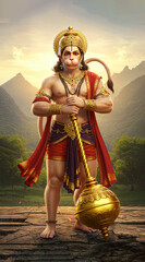 Lord Hanuman Standing Tall Holding Golden Gada - Divine Warrior Pose