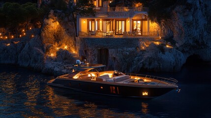 Obraz premium Night yacht docked, cliffside villa, Mediterranean coast, luxury travel