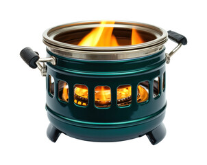 Portable camping stove with open flame adventure cooking gear natural environment view. Isolated on transparent background, png.