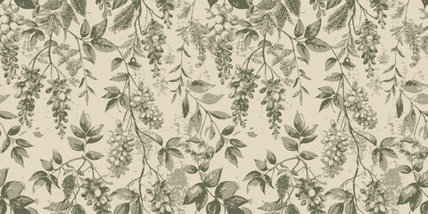 Elegant green botanical pattern featuring hanging clusters of leaves and flowers.