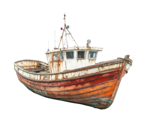 Fishing boat restoration project coastal area vintage aesthetic. Isolated on transparent background, png.