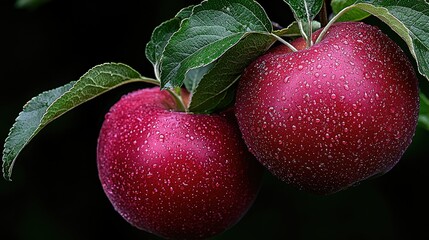 Two ripe red apples hang from a green leafy branch
