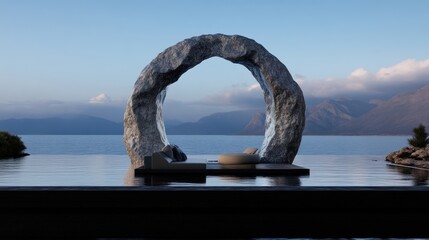 Fototapeta premium Modern stone archway over water with seating