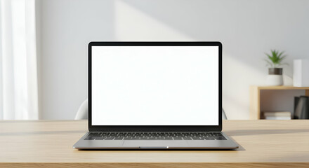 Blank Laptop Screen On Light Wooden Table In Modern Room