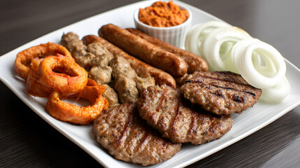 Savory Mixed Grill Platter with Kebapche, Sausages, Onions, and Side Sauce