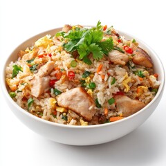 A bowl filled with chicken fried rice and cilantro garnish isolated on white background