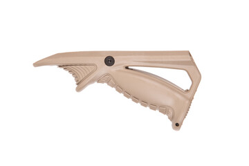 A modern tactical foregrip in tan color with a comfortable textured surface, designed for firearms,...