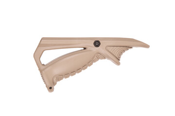 A tan firearm foregrip made of sturdy polymer, featuring an ergonomic and textured grip, isolated...