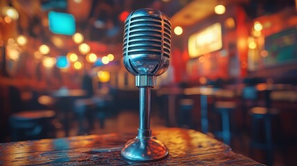 Vintage Microphone in a Lively Bar Setting