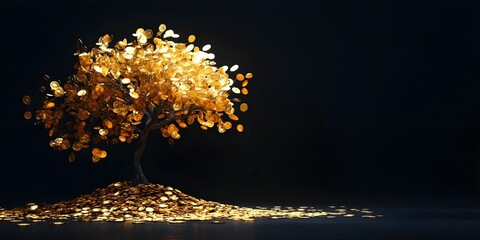A golden tree with leaves made of gold coins on a black background