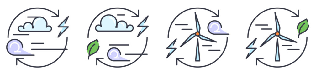 Green Energy Icons Set – Wind, Eco, Electricity, Nature. A minimalistic icon set representing clean and renewable energy concepts. 