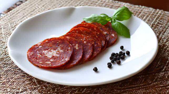 Traditional Lukanka: Semi-Cured Dried Salami Slices with Basil and Peppercorns on Elegant Plate
