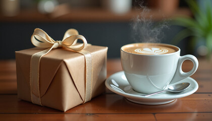 Coffee cup with latte art and gift box on wooden table