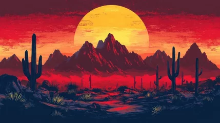 Desert landscape at sunset. Vivid mountains, cacti, and a large sun