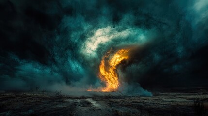 Obraz premium Fiery Vortex Rising Beneath Dark Storm Clouds