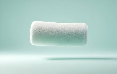 Obraz premium A floating white paint roller on a soft green background, showcasing the simplicity and elegance of painting tools.
