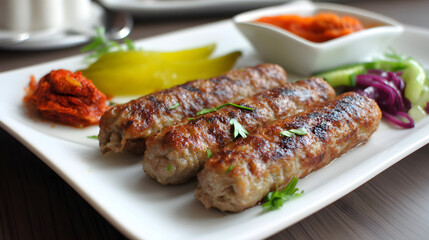 Delicious Minced Pork Kebapche Seasoned with Cumin and Served with Sides of Pickle and Sauce