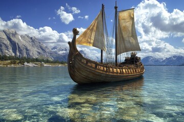 Historic sailing vessel navigates clear waters with mountains in the background