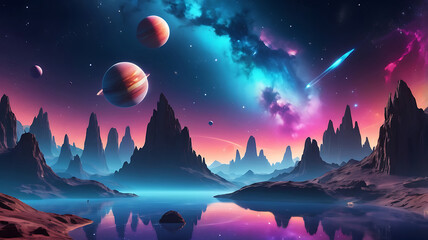 Futuristic cosmic landscape featuring multiple planets vibrant color nebulae and cascade of smooth stars traversing the galaxy background.