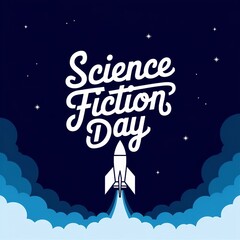Naklejka premium Retro Rocket Launches into Space: Celebrate Science Fiction Day with this Stylish Design