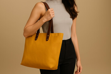 A woman in a sleeveless gray top carries a mustard yellow canvas tote bag with dark brown leather straps