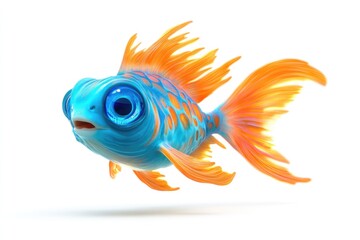 A vibrant, cartoonish blue and orange fish with large, expressive eyes swims against a white background.