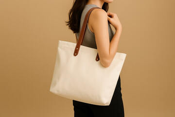 A woman wearing a gray sleeveless top holds a large cream canvas tote bag with brown leather straps