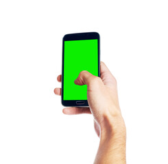 Phone, green screen or hands scroll in studio with social media mockup, search or internet communication on white background. Smartphone, space or person show google it sign up, app or website
