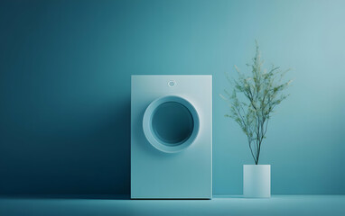 A minimalist living space featuring a unique washing machine and a stylish plant, enhancing modern home decor.