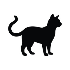 A silhouette of a cat standing with its tail curled up and looking to the right side