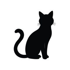 A simple silhouette of a cat sitting upright with its tail curled on a white background
