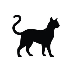 A silhouette of a cat standing with its tail curled against a white background image
