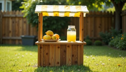 Backyard lemonade stand with lemons and jar in sunny garden