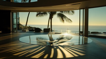 Obraz premium Oceanfront Home Interior Sunset Palm Reflection