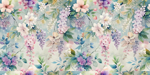 Elegant floral watercolor pattern featuring soft pastels and delicate blossoms.