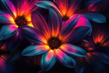 Fototapeta premium Vibrant, multicolored flowers with teal, pink, and orange petals, illuminated in low light.