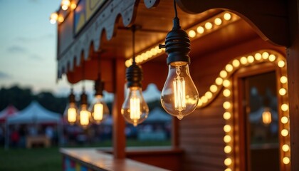 Hanging light bulbs glowing on wooden fair stall at sunset