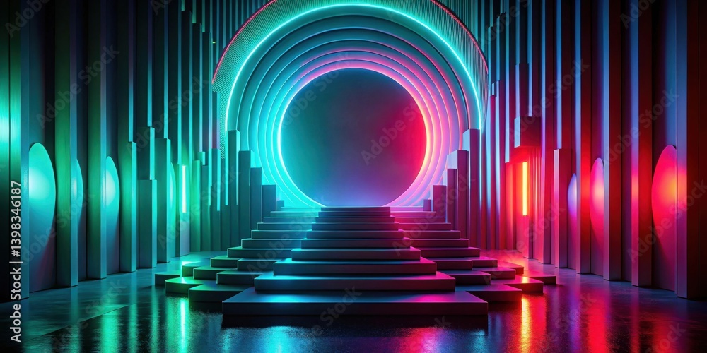 Poster abstract neon stage design with illuminated steps and geometric walls