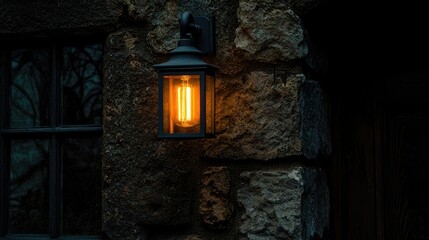 A glowing light fixture mounted on a rough stone wall